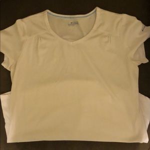 A white Columbia t-shirt